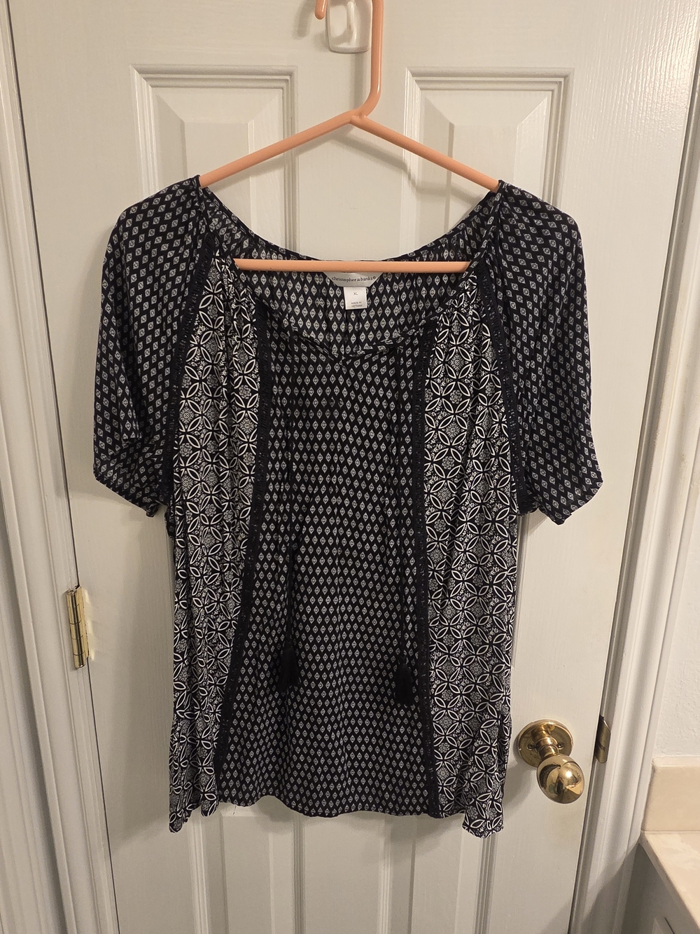Christopher & Banks Black and White Mixed Print Short Sleeve Blouse